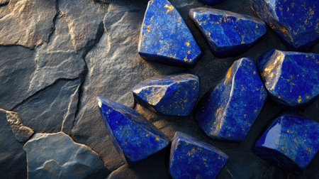 Discover the beauty of natural lapis lazuli stones, showcasing their deep blue hues and golden flecks against a dark stone background, perfect for artistic projects.の素材