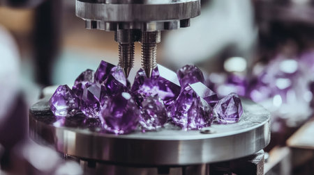 This image captures purple crystals being carefully processed by advanced machinery in a modern gemstone workshop, highlighting the blend of nature and technology.の素材