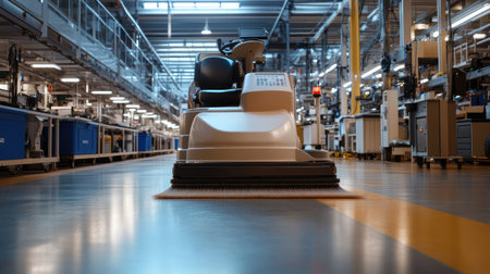 A focused view of an industrial cleaning machine on a factory floor highlighting technology and efficiency in a well-organized workspace essential for maintenance and hygiene.の素材