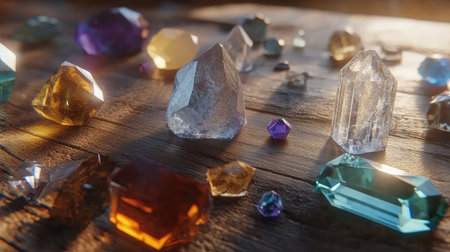 A captivating arrangement of various colorful crystals scattered elegantly on a wooden surface. The gentle light highlights the unique shapes and vivid colors of each stone, creating a striking visual harmony.の素材
