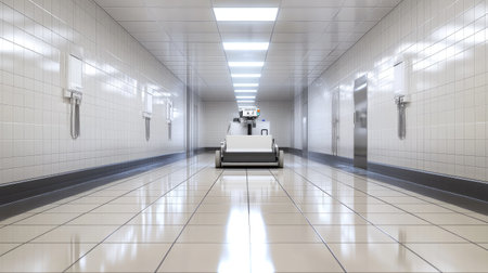 A futuristic autonomous robot moves gracefully through a clean, modern hallway, showcasing advanced technology and innovation in a well-lit facility environment.の素材
