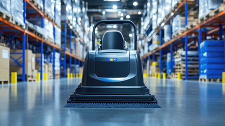 A sleek industrial floor sweeper positioned in a spacious warehouse aisle, highlighting advanced cleaning technology with organized shelving units in the background.の素材