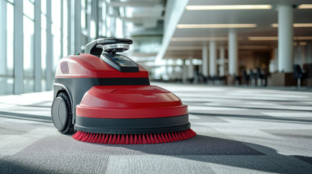 A robust red vacuum cleaner designed for office environments efficiently cleans carpets with its powerful bristles and modern sleek design ensuring a pristine workspace.の素材