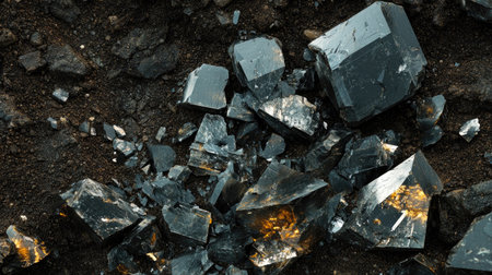Close-up view of dark crystals scattered on brown soil, showcasing the sparkling highlights and rough textures, perfect for nature enthusiasts and science projects.の素材