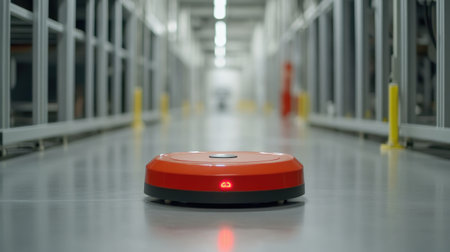 A sleek autonomous floor cleaning robot navigates a well-lit warehouse environment, showcasing advanced robotics technology for efficiency and streamlined maintenance operations.の素材