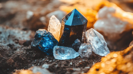 Captivating showcase of vibrant gemstones and crystals resting on the earth, illuminated by warm light, perfect for nature enthusiasts and artistic presentations.の素材