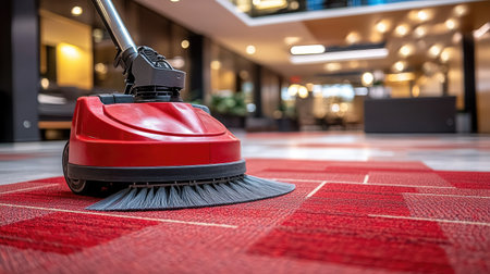 A modern red sweeper effectively cleans a carpet in a well-designed commercial space, showcasing the importance of maintenance and cleanliness in professional settings.の素材