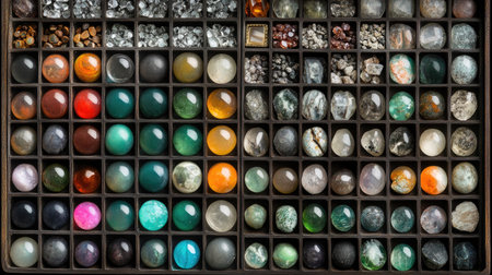 A vibrant arrangement of polished gemstones displayed in compartments, showcasing diverse colors and textures, perfect for craft, decoration, or geology enthusiasts.の素材