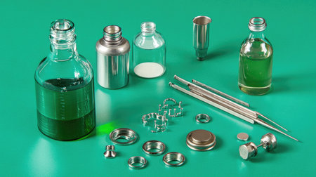 A collection of various medical supplies and lab equipment displayed on a green surface, showcasing vials, syringes, and laboratory tools used in pharmaceutical research.の素材