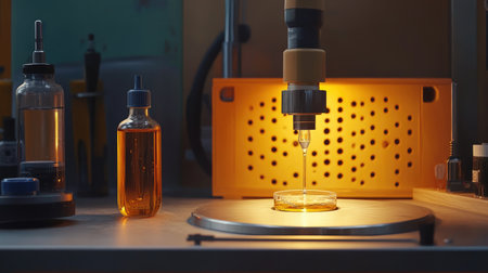 This image showcases a well-equipped laboratory setting, featuring a liquid sample in a petri dish, tools, and bottles, illuminated by ambient orange light.の素材