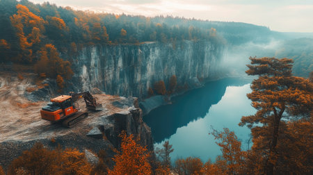 A striking view of an orange excavator at the edge of a quarry, with serene water below and vibrant autumn foliage. The misty atmosphere adds to the tranquil landscape.の素材