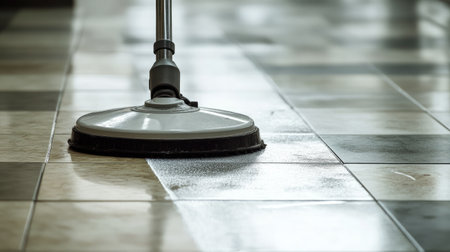 A close-up view of a floor scrubber in action on tiled flooring, showcasing the cleaning process as it effectively removes dirt and stains to reveal a clean surface.の素材