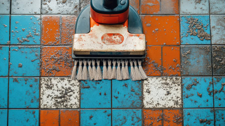 A close-up view of a cleaning tool on a dirty tiled floor, showcasing colorful tiles that are covered in dust and grime, emphasizing the need for effective cleaning.の素材