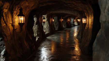 A serene cave pathway softly illuminated by rustic lanterns casts a warm glow against the rocky walls. The tranquil scene invites exploration of its mysterious depths.の素材