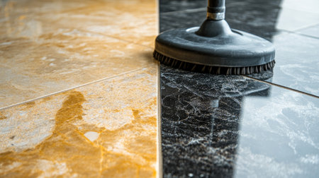 A close-up view of a cleaning brush in action on contrasting marble and granite flooring. The image highlights the shine and texture, emphasizing care and maintenance.の素材