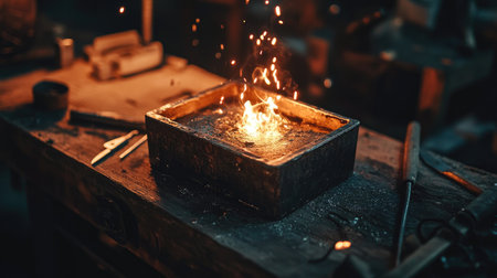 A detailed view of a blacksmith's workshop showcasing molten metal in a container, igniting with bright sparks, embodying the artistry and energy of metalworking.の素材