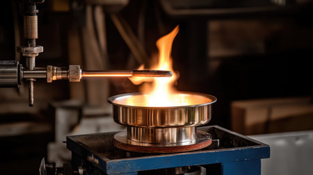 A vivid depiction of fire igniting in a crafting workshop, showcasing a metal bowl on a stand, with flames erupting from a heating element, emphasizing the artisan craft.の素材