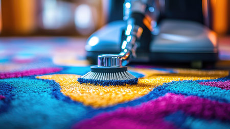 A close-up image showcasing a vacuum cleaner's brush against a colorful carpet, emphasizing the importance of cleanliness in home care and maintaining a vibrant living space.の素材