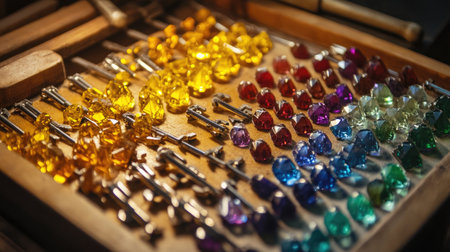 A vibrant collection of colorful glass gems and crystal shapes arranged meticulously in a wooden tray, perfect for artistic decoration and creative projects.の素材
