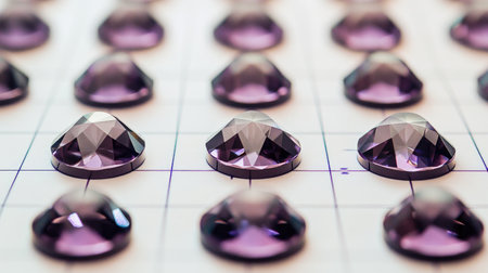 Discover a captivating display of purple geometric gems arranged perfectly on a grid, highlighting their intricate facets and elegant shine in soft lighting.の素材