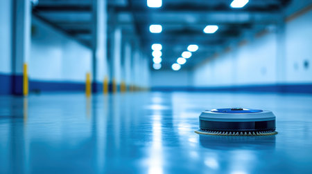 A modern autonomous robotic vacuum cleaner operates quietly in a spacious and well-lit warehouse, highlighting advancements in cleaning technology and efficiency.の素材
