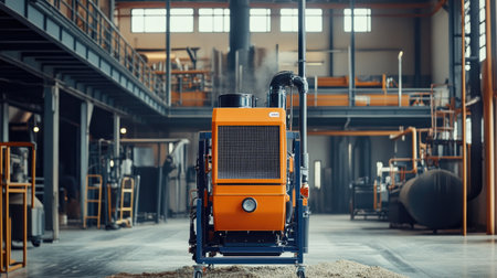 A vibrant industrial machine stands prominently in a spacious manufacturing facility, illustrating modern technology and efficient processes in an inspiring workspace.の素材