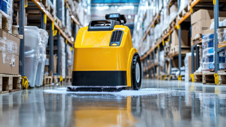A bright yellow industrial cleaning machine performs deep cleaning on a wet floor in a warehouse, surrounded by shelves filled with boxes and equipment.の素材