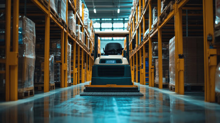 An industrial floor scrubber operating in a spacious warehouse aisle. Shelves filled with goods highlight the organized and efficient layout of this distribution center.の素材