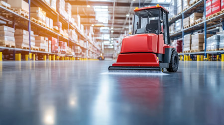 A compact industrial cleaning machine operates efficiently in a well-organized warehouse, sweeping the smooth floor and ensuring cleanliness and safety in the workspace.の素材