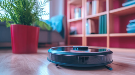 A sleek robotic vacuum cleaner rests on a beautiful wooden floor in a stylish living room. This image highlights modern home technology and effortless cleaning solutions.の素材