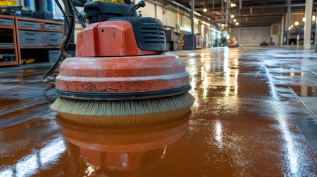 A floor cleaning machine actively polishes a shiny surface in a spacious warehouse, highlighting a pristine environment and efficient maintenance under bright lights.の素材