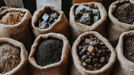 A collection of burlap sacks filled with diverse natural ingredients showcases the rich textures and colors, perfect for culinary enthusiasts seeking authenticity in cooking.の素材