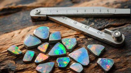 Close-up of colorful gemstone pieces arranged on a rustic wooden surface with a ruler, showcasing the opalescent surfaces. Perfect for jewelry design inspiration.の素材