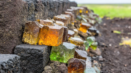 A stunning display of colorful translucent gemstones in vibrant hues of orange, green, and clear, highlighting the beauty of natural minerals on a rugged surface.の素材