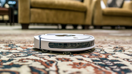 This image depicts a modern robotic vacuum cleaner in a stylish living room, offering a glimpse into efficient home cleaning solutions for today's busy lifestyles.の素材