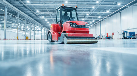 A red floor cleaning machine operates in a spacious industrial warehouse, emphasizing modern cleaning technology and efficient maintenance in a bright environment.の素材