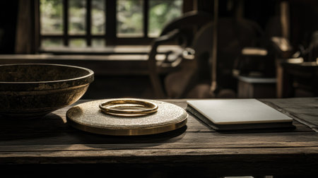 A beautifully composed scene in a workshop showcasing a brass plate, delicate ring, and a notebook. Natural light enhances the atmosphere of artistry and tranquility.の素材