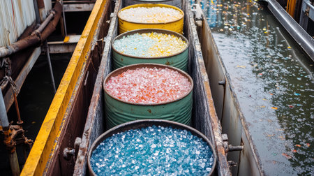 Vibrant and colorful recycled plastic resin pellets are displayed in industrial containers, highlighting the recycling process within a facility near water.の素材