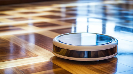 A robotic vacuum cleaner rests on a polished wooden floor, highlighting its modern design and innovative technology for effortless home cleaning and maintenance.の素材