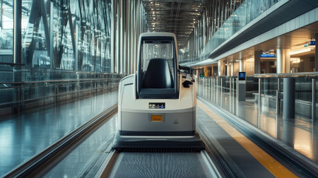 A sleek autonomous vehicle glides along a designated motion track inside a spacious airport terminal, highlighting modern travel technology and passenger comfort.の素材