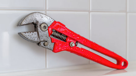 A close-up image of a red adjustable wrench placed against a clean white tile wall, showcasing its sleek design and functional features ideal for various repair tasks.の素材