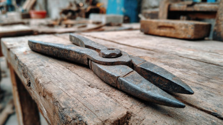 Discover vintage metal pliers resting on a weathered wooden workbench in a rustic workshop, showcasing craftsmanship and the beauty of handmade tools.の素材