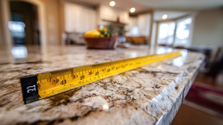 This image captures a yellow measuring tape resting on a polished granite countertop, showcasing a modern kitchen filled with natural light and elegant decor.の素材