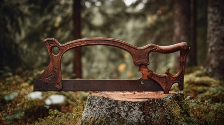 A beautifully crafted vintage hand saw rests on a tree stump, surrounded by a lush green forest, embodying rustic charm and the tranquility of nature.の素材