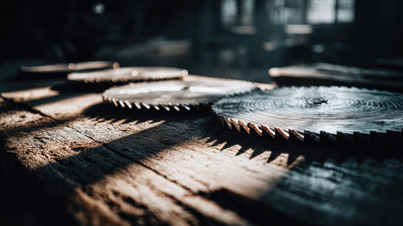 This image features a close-up view of saw blades resting on a wooden surface, illuminated by soft light. It highlights the craftsmanship and precision in woodworking.の素材