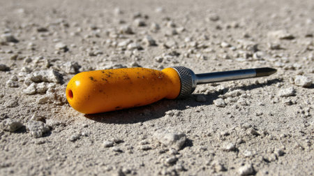 A vibrant yellow screwdriver rests on a textured surface, showcasing dust and small debris under natural light. This image illustrates tools and DIY repair themes.の素材
