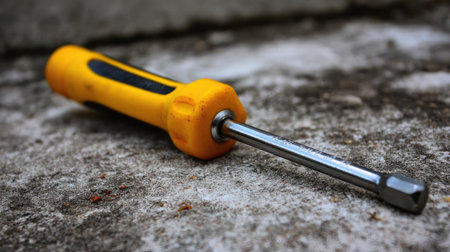 This image features a close-up of a yellow-tipped screwdriver resting on a weathered surface. The design emphasizes texture and detail, perfect for tools-related content.の素材