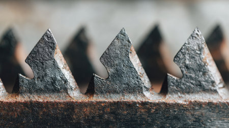 This close-up image showcases the sharp, jagged teeth of a weathered metal tool, featuring a rusty surface and intricate textures perfect for industrial-themed projects.の素材