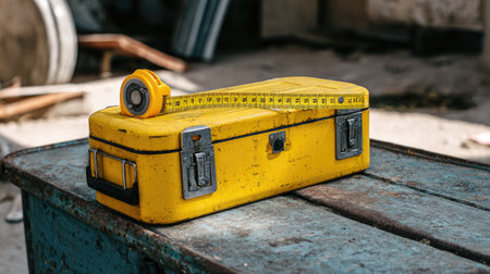 A bright yellow toolbox sits on a weathered blue table, featuring a tape measure. This image captures the essence of craftsmanship and utility in an industrial workspace.の素材