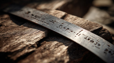 A captivating close-up of a weathered metal ruler resting on rough wood, showcasing intricate details in natural light, perfect for artistic or educational purposes.の素材